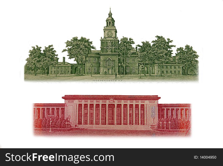 Building of the National People's Congress and Independence Hall isolated on a white background. Building of the National People's Congress and Independence Hall isolated on a white background