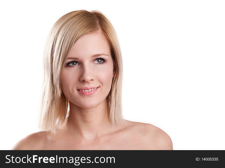 Smiling blonde girl over white background