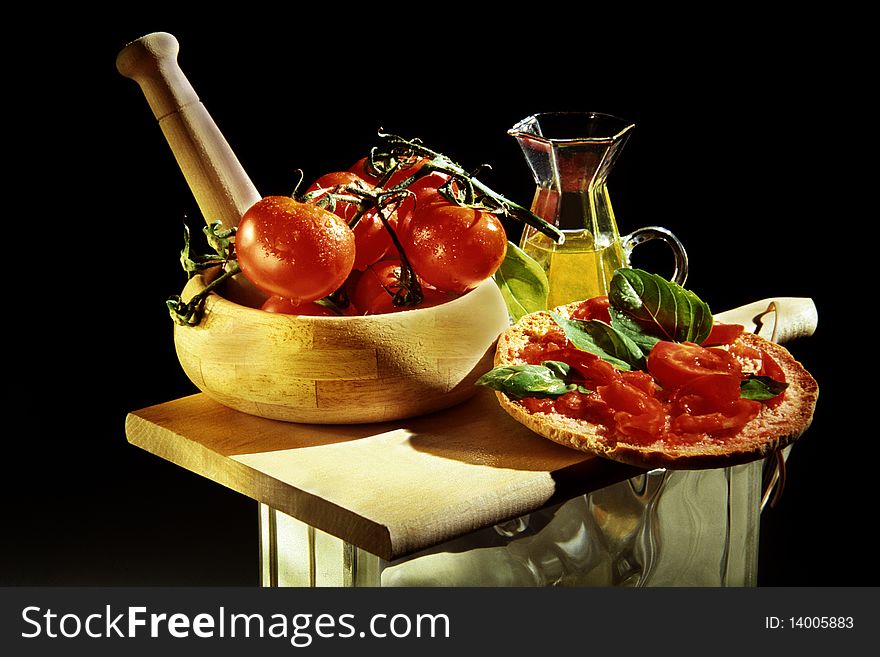 Composition of tomatoes, olive oil and pizza. Composition of tomatoes, olive oil and pizza