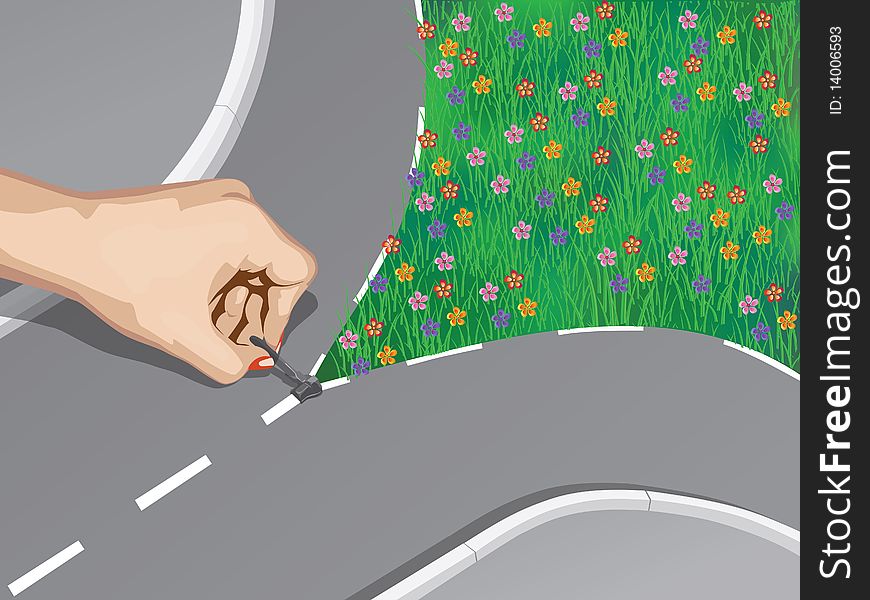 Women's hand pushes the asphalt. Under the asphalt with grass and flower. Women's hand pushes the asphalt. Under the asphalt with grass and flower.