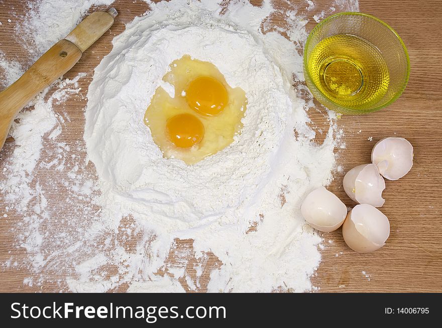 Homemade baking, ingredients, flour, eggs and oil. Homemade baking, ingredients, flour, eggs and oil