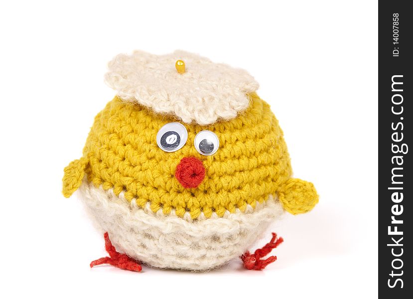 Knitted toy. Chicken isolated on white