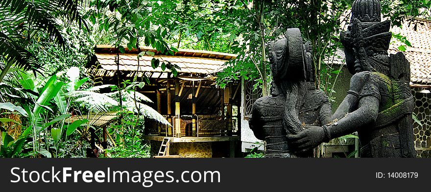 A garden with statue of rama and shinta