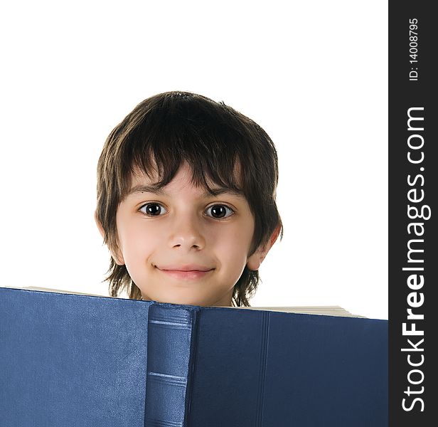 Cute little boy with a big book on white background. Cute little boy with a big book on white background