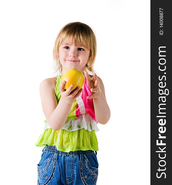 Little girl with apple isolated on white background