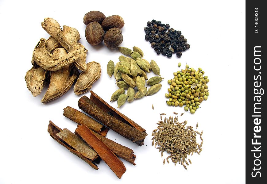 Variety of indian spices used in everyday cooking.