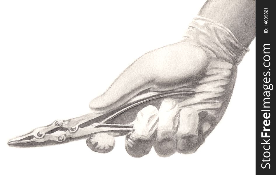 Watercolor painting of a medical hand grasping a medical tool.