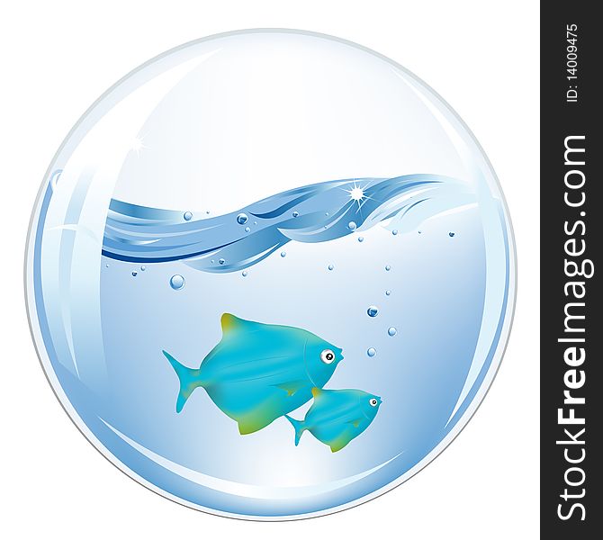 Balls With Blue Fishes In Water. Vector