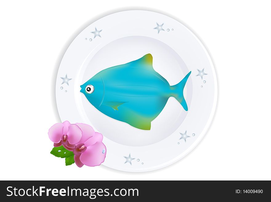 Blue Fish On Plate. Vector