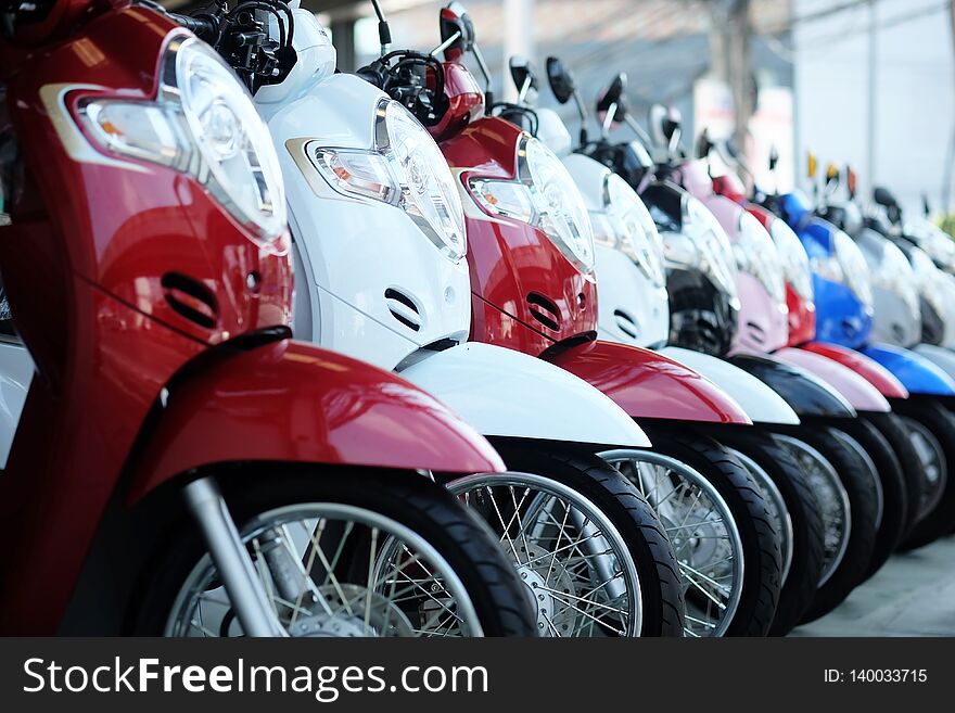 The front of the colorful motorcycles at the showroom in Thailand 2019, Motorcycles are popular vehicles of Southeast Asian people