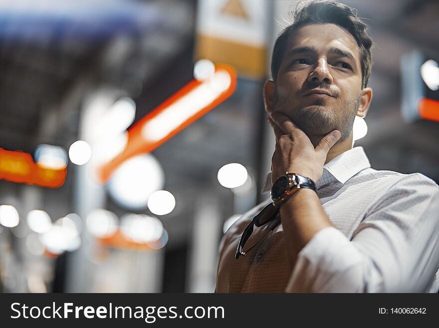 Young Attractive Businessman Waiting For Train In Metro Or Subway