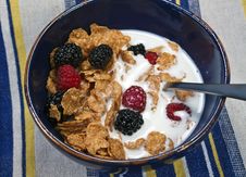 Bowl Of Cereal With Milk And Berries On A Striped Royalty Free Stock Photo Bowl Of Cereal With Milk And Berries On A Striped Royalty Free Stock Photo