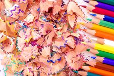 Multicolor Pencils And Wood Shavings Royalty Free Stock Photos