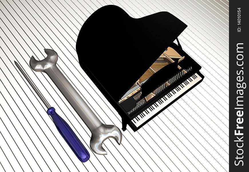 A piano, a screwdriver and a plug spanner as a representation card for a pianos repairer. A piano, a screwdriver and a plug spanner as a representation card for a pianos repairer.