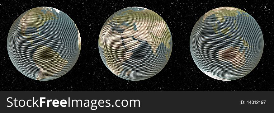 Abstract picture. Globe made of small spheres. On star background. Concept render