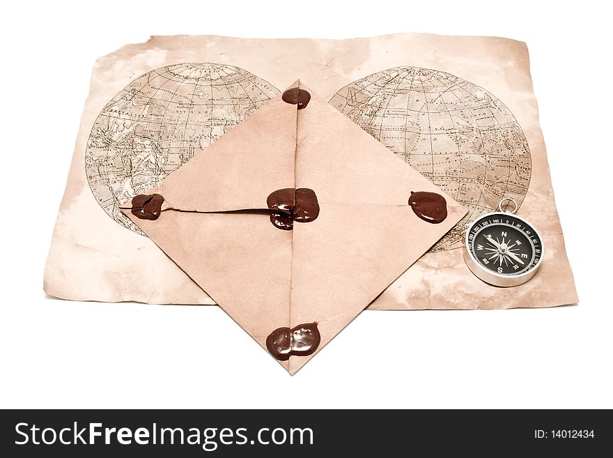 Envelope, map and compass on white background for your illustrations