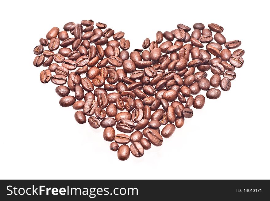 Coffee beans heart on white background