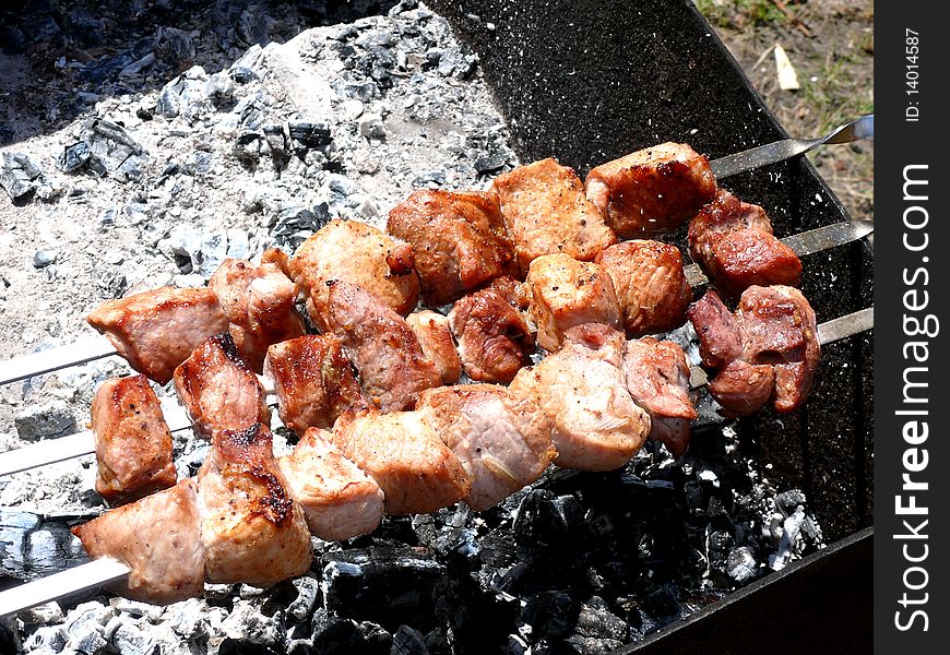 Appetizing shish kebab prepared on wood coal