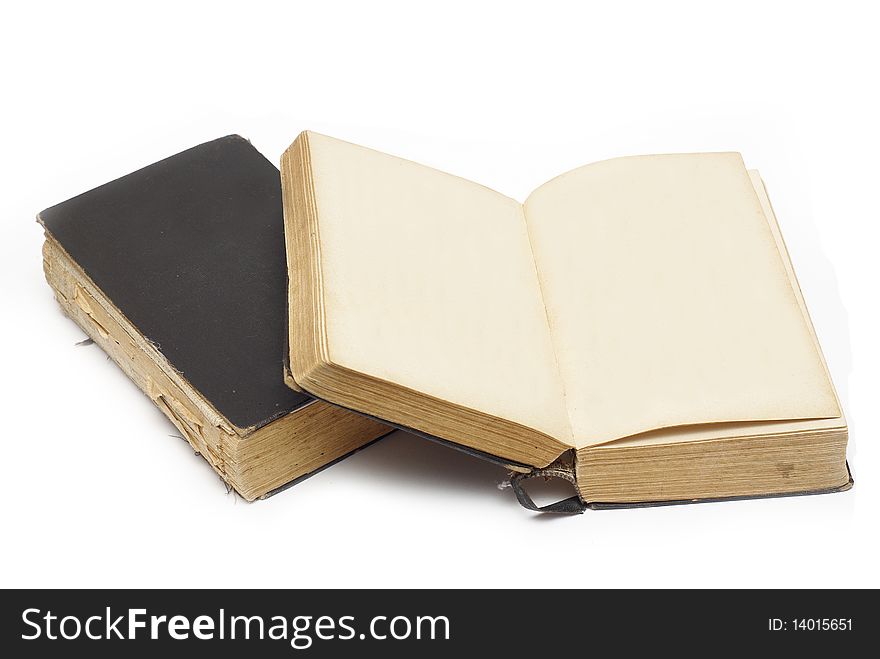 Antique black book, one closed, one opened (blank) and ready for your text/image. Antique black book, one closed, one opened (blank) and ready for your text/image