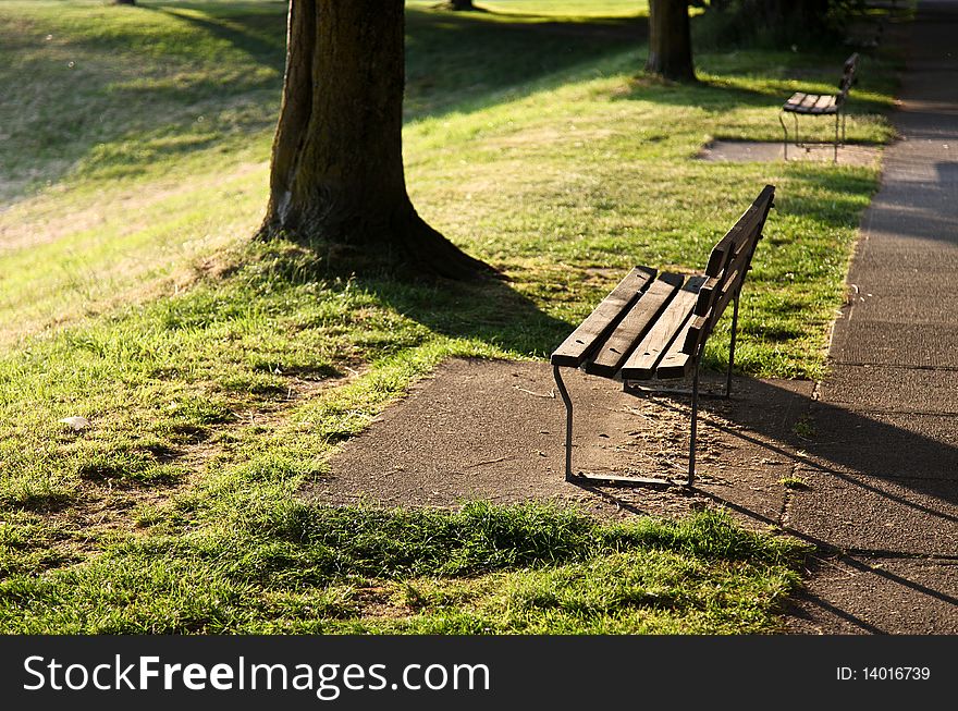 Unoccupied wooden bench in a peaceful park. Unoccupied wooden bench in a peaceful park