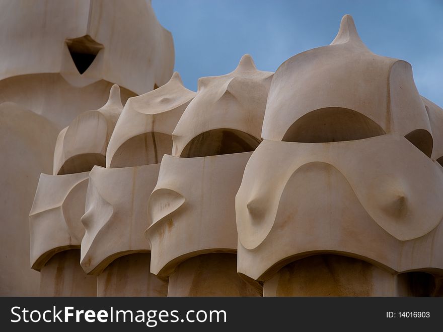 Details of funnels on top of Casa Mila desingned by Antoni Gaudi, Barcelona, Spain. Details of funnels on top of Casa Mila desingned by Antoni Gaudi, Barcelona, Spain.