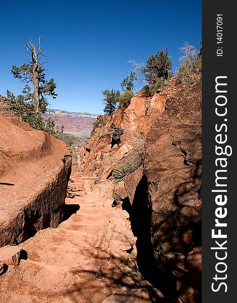 A view of the Bright Angel trail of the South Rim while backpacking in March 2010. A view of the Bright Angel trail of the South Rim while backpacking in March 2010