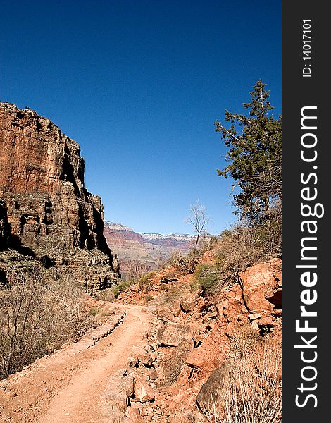 A view of the Bright Angel trail of the South Rim while backpacking in March 2010. A view of the Bright Angel trail of the South Rim while backpacking in March 2010