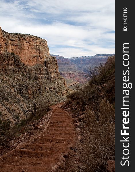 A view of the Bright Angel trail of the South Rim while backpacking in March 2010. A view of the Bright Angel trail of the South Rim while backpacking in March 2010