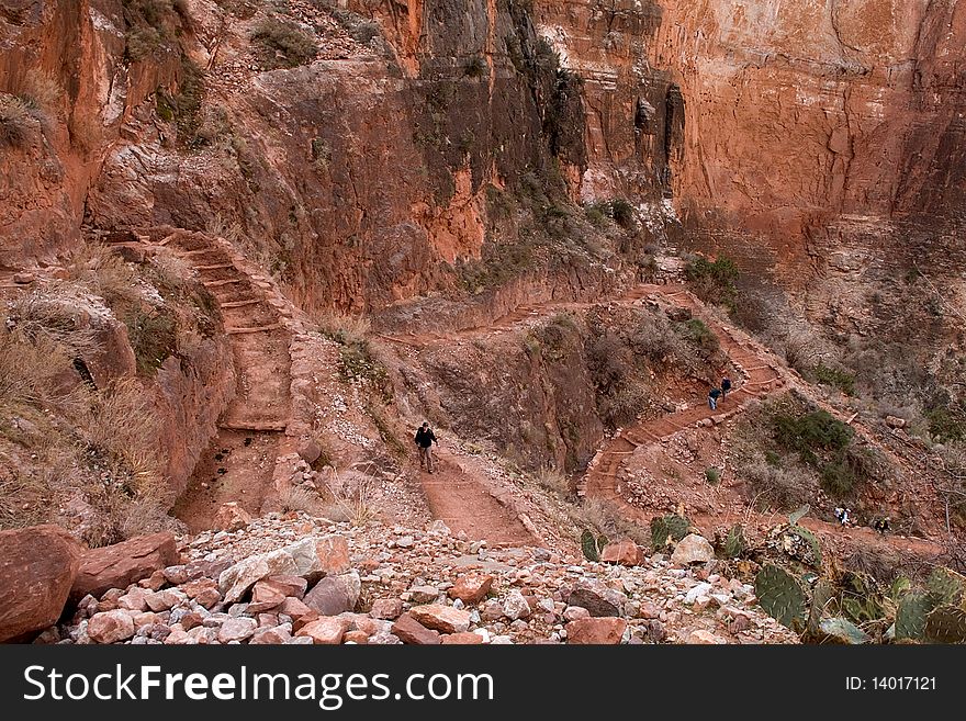 A view of the Bright Angel trail of the South Rim while backpacking in March 2010. A view of the Bright Angel trail of the South Rim while backpacking in March 2010