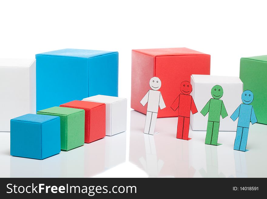 Toy paper men near colorful box on white isolated background. Toy paper men near colorful box on white isolated background