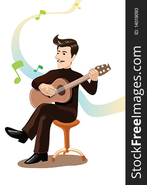 An image of a man sitting on a stool and playing the guitar. An image of a man sitting on a stool and playing the guitar
