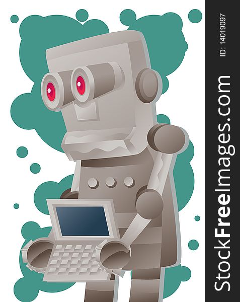 An image of robot clasping an open laptop between his hands. An image of robot clasping an open laptop between his hands