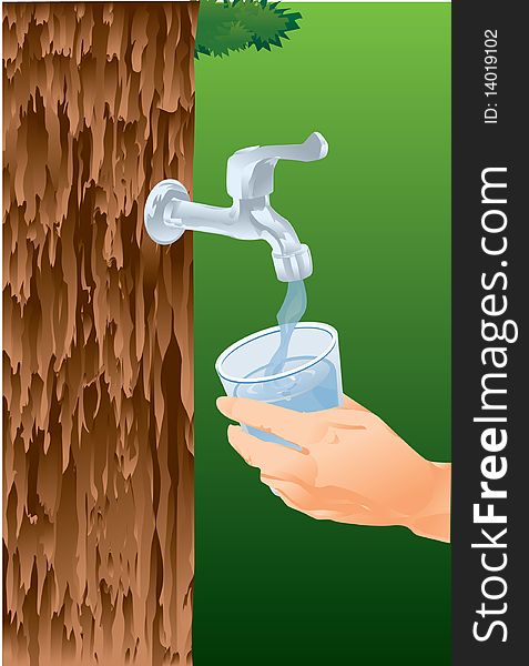 An image of a hand holding a glass under a running faucet that is attached to the trunk of the tree. An image of a hand holding a glass under a running faucet that is attached to the trunk of the tree