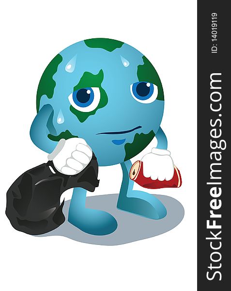 An image of the earth standing and holding black plastic bag in one hand and a discarded beverage can in the other. An image of the earth standing and holding black plastic bag in one hand and a discarded beverage can in the other