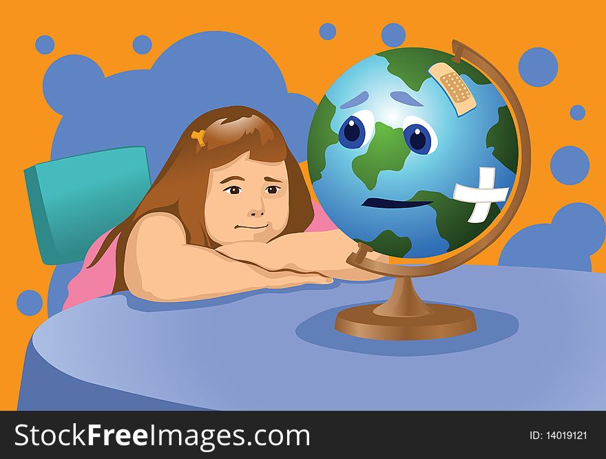 An image of a girl resting her chin on a table and looking at a sad-looking globe that has band aids covering its bruises. An image of a girl resting her chin on a table and looking at a sad-looking globe that has band aids covering its bruises