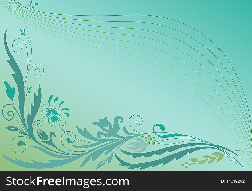 Corner floral ornament on the gradient background  of turquoise