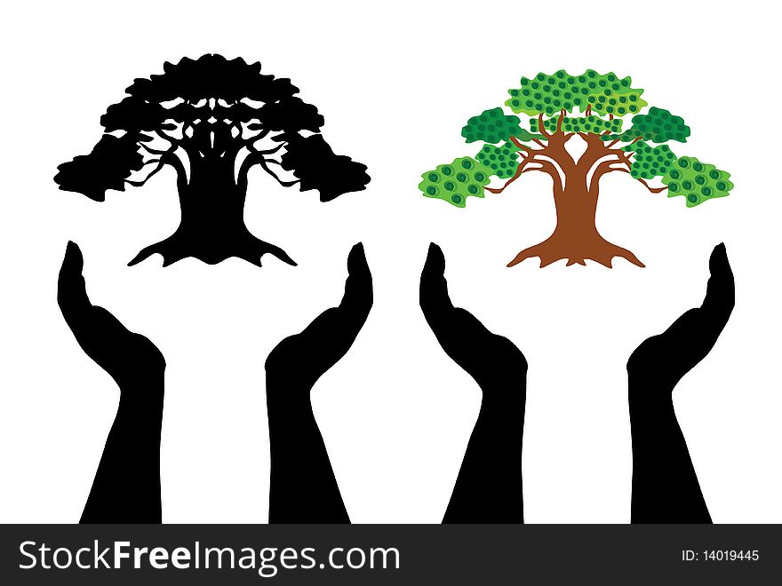 Human hands care trees, illustration. Human hands care trees, illustration