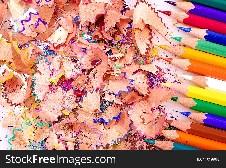 Multicolor pencils and wood shavings