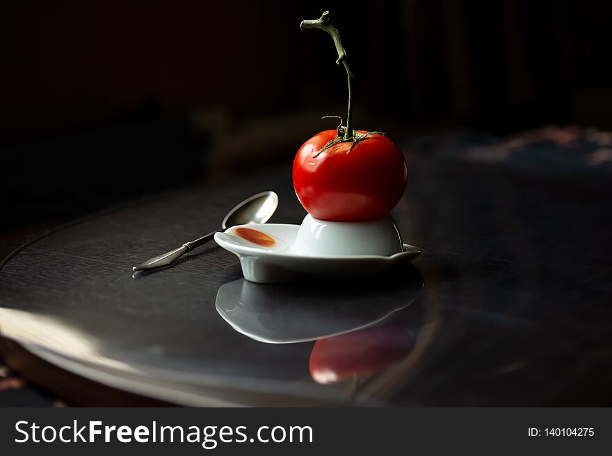 A bright red tomato on a branch hatched from an egg on dark background