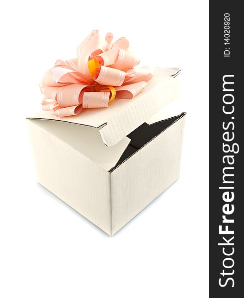 Gift box with rose-colored ribbon,isolated white background