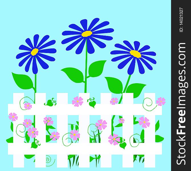 Colorful flower garden with fence closeup illustration. Colorful flower garden with fence closeup illustration