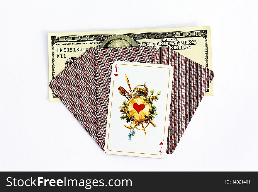 Playing cards on one hundred American dollars. Playing cards on one hundred American dollars