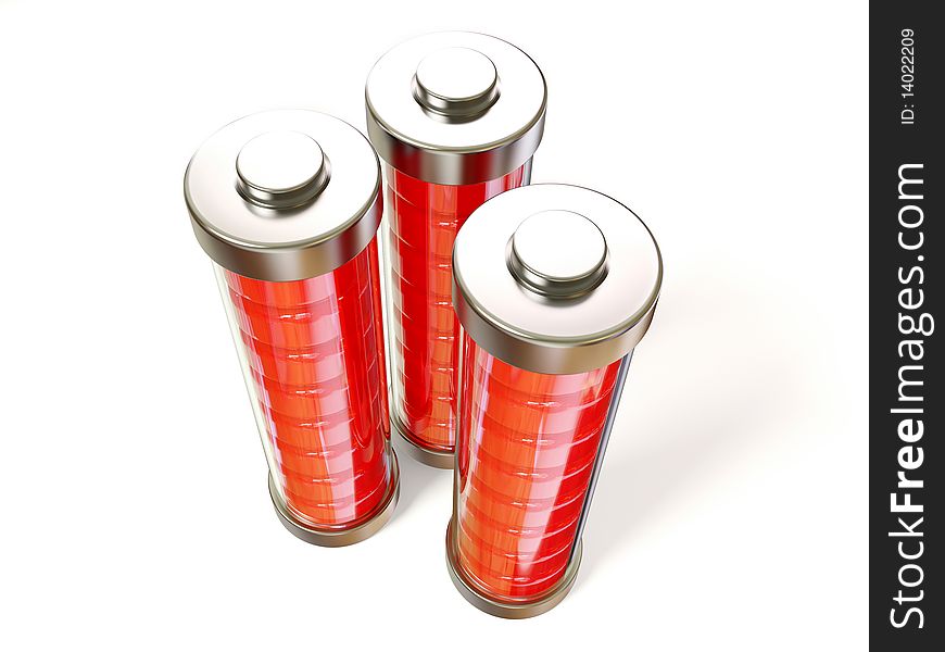 Three red  battery  on white background isoated