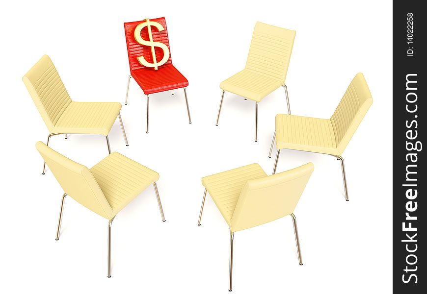 Gold dollar sign on a chair isolated background