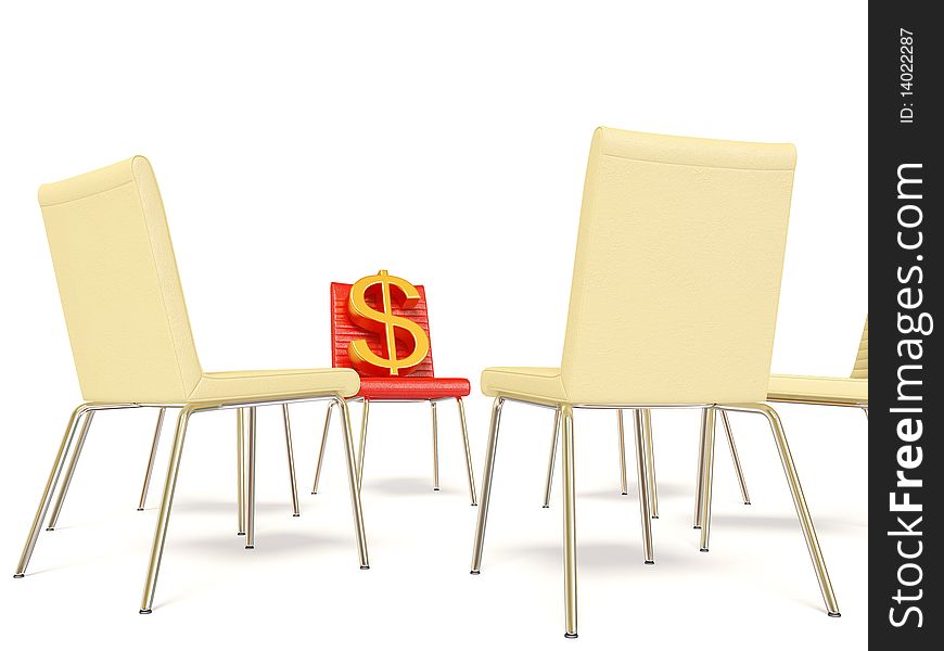Gold dollar on red chair on white background