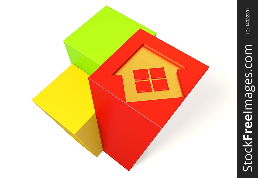 Gold house on colored cube on white background isolated