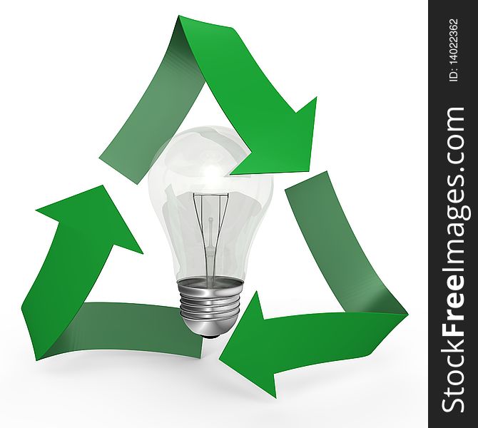 A white glass light bulb inside the recycle symbol, a conceptual 3d image. A white glass light bulb inside the recycle symbol, a conceptual 3d image