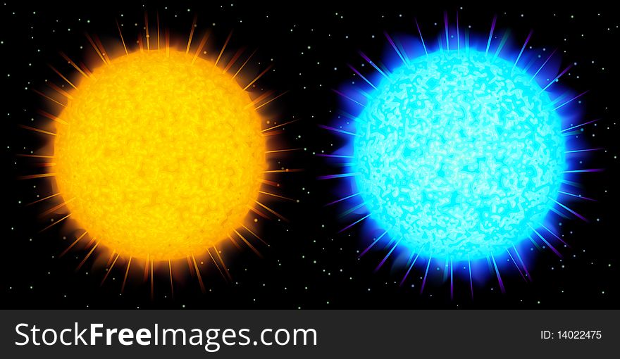 Two big realistic stars (yellow and blue) against black background. Two big realistic stars (yellow and blue) against black background