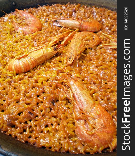 Macro view of an authentic valencia shellfish paella. Macro view of an authentic valencia shellfish paella