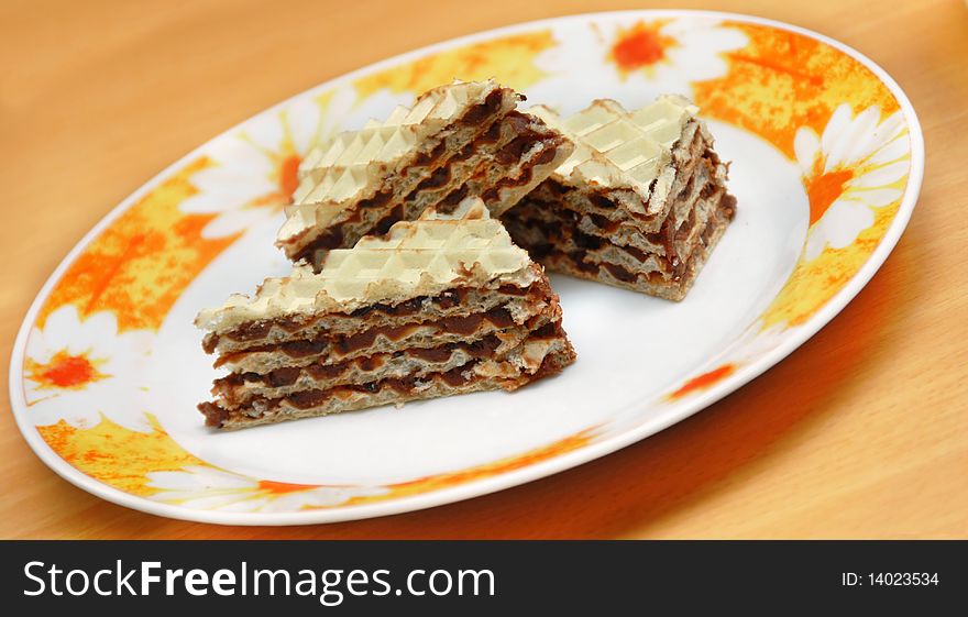 Three pieces of sweet homemade wafer cakes. Three pieces of sweet homemade wafer cakes